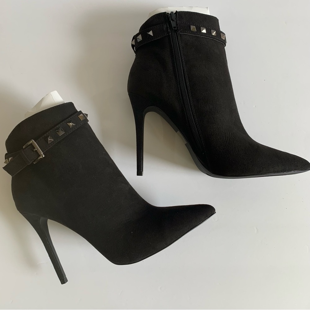 Women's Pointed Toe Ankle Booties Embellished Studded Pencil Stiletto Heel Boots - Picture 7 of 9